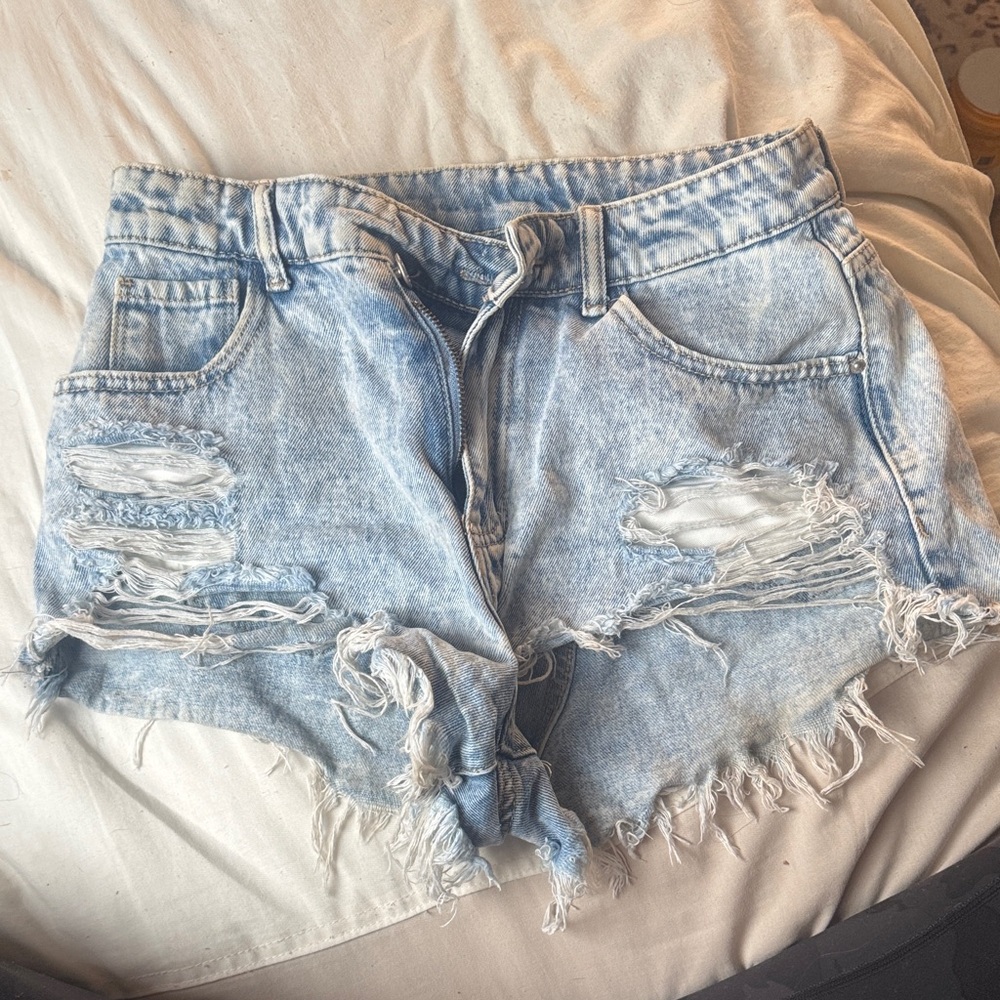 Distressed Light Blue Denim Shorts